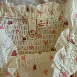 Cream Ruffled Smocked Top with Pink Heart Print